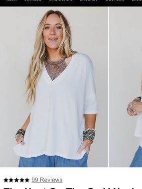 Three Birds Nest Relaxed V-Neck White Women’s Top